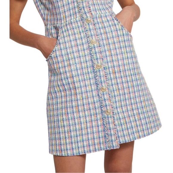 Maje Renizam Blue Metallic Multicolor Tweed Embossed Button Short Sleeve Dress - Picture 7 of 8